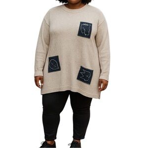 Stitches in Time Vintage Sweater Fall Leaf Navy Patches Tan Artsy Tunic Women 3X